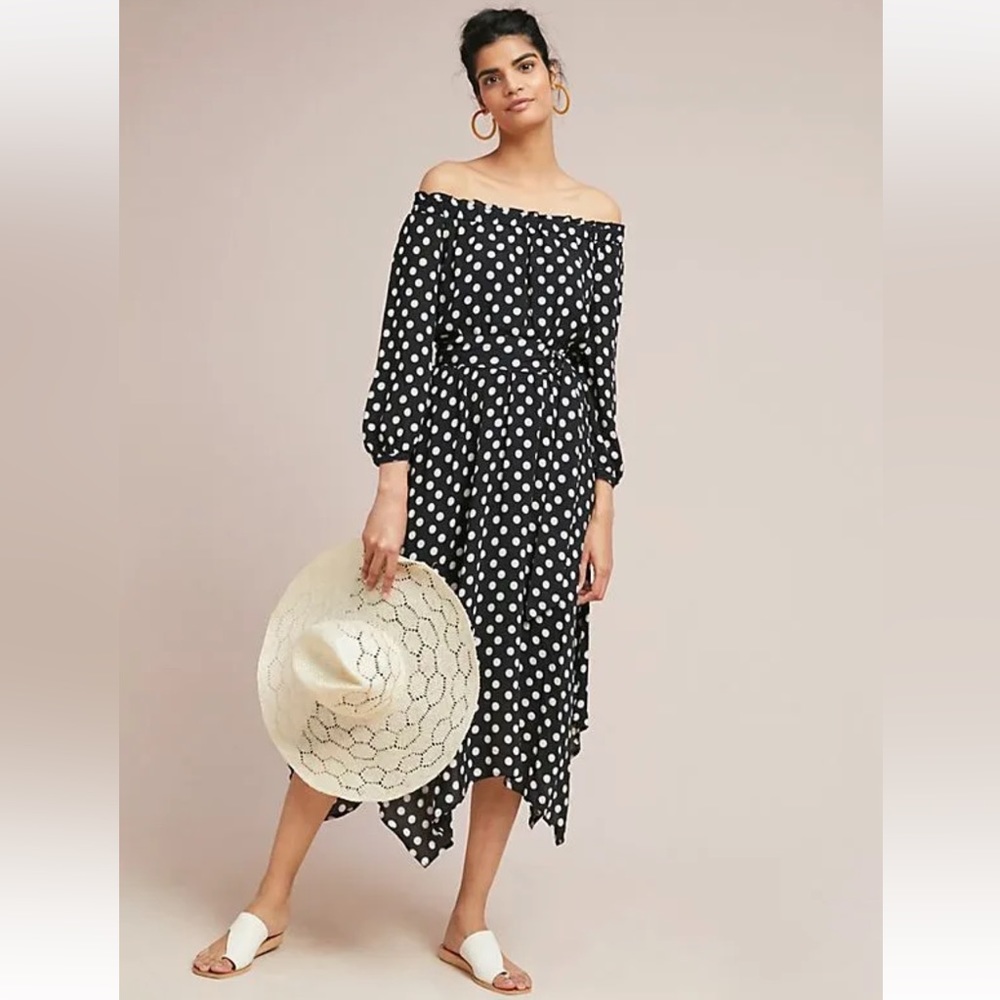 Anthropologie Maeve Gerti Off Shoulder Black & White Polka Dot Midi Dress sz 4P